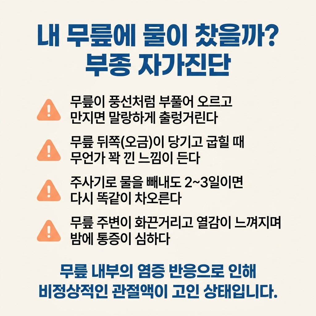 무릎 부종 자가진단 무릎 물 찼을때 증상 오금 당김 열감
