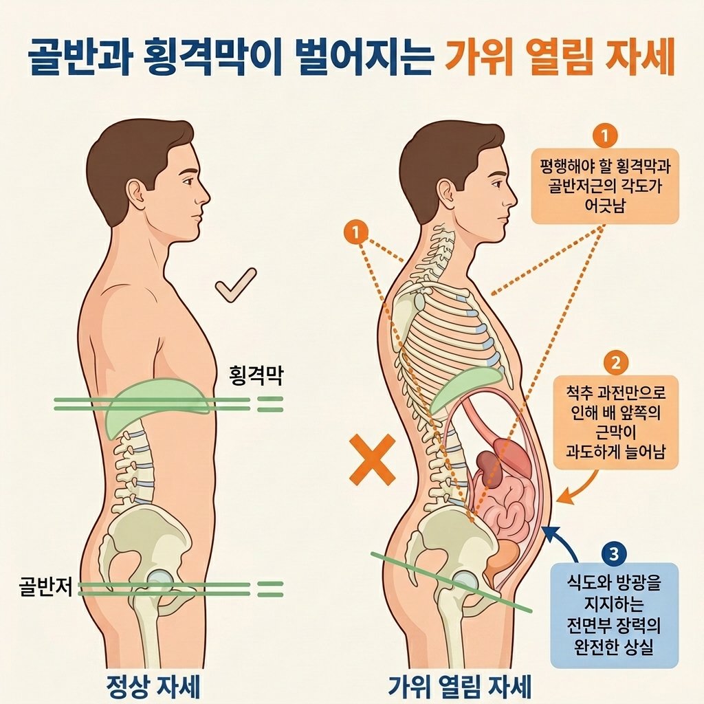 가위열림자세 척추과전만 골반전방경사 복압상실 인포그래픽