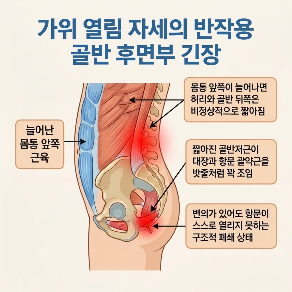 가위열림자세 골반후면부 단축 대장괄약근 긴장 해부학
