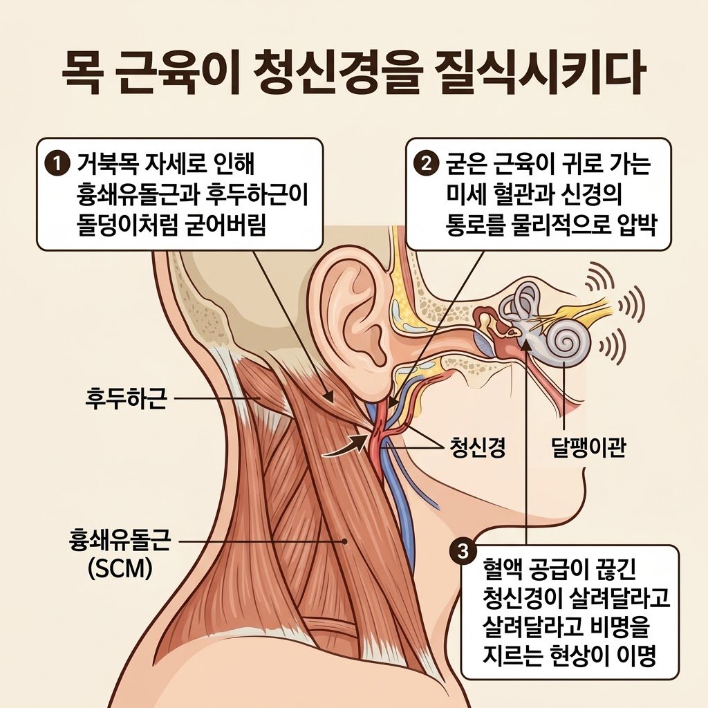 흉쇄유돌근 후두하근 거북목 이명 원인 해부학 청신경 압박