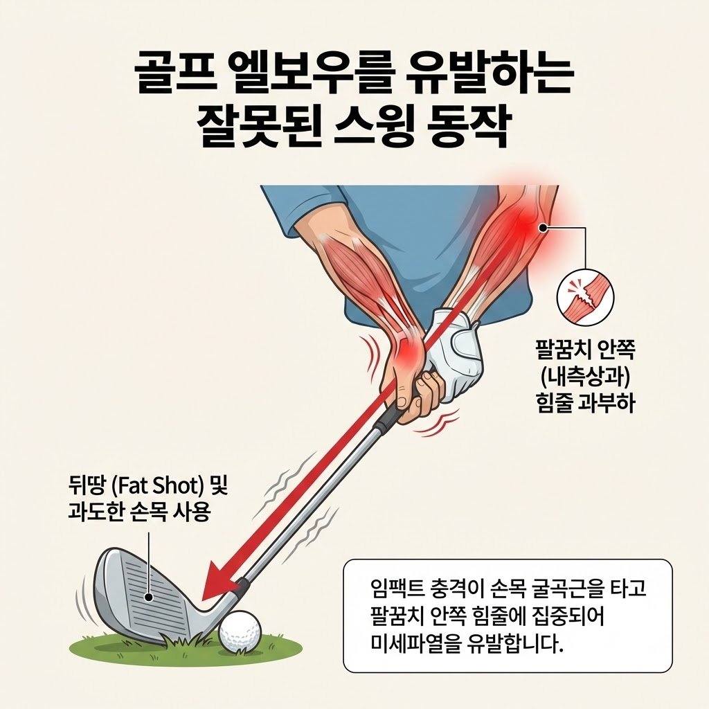 골프 엘보 유발 잘못된 스윙 동작 이미지
