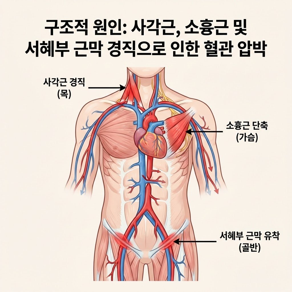 수족냉증 구조적 원인 사각근 서혜부 압박 이미지