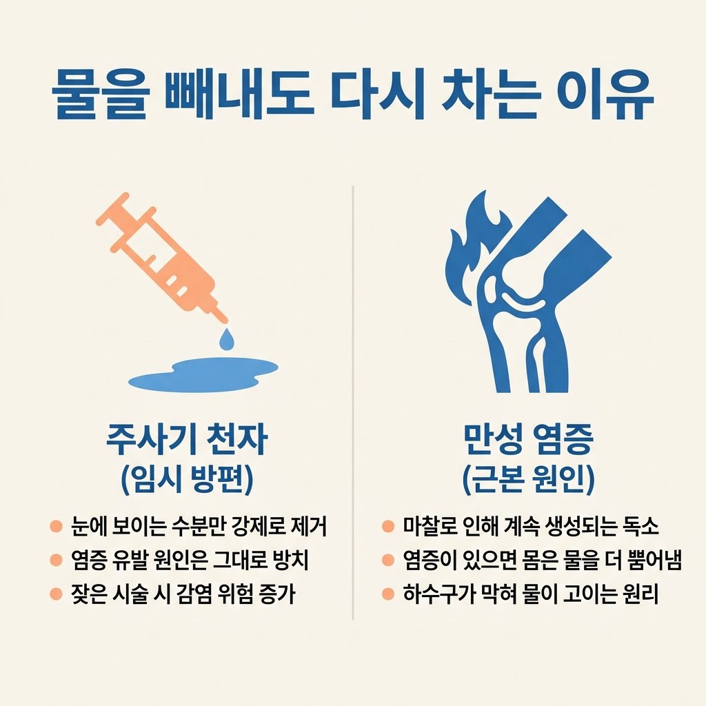 무릎 물 빼기 주사기 천자 vs 만성 염증 근본 치료 비교