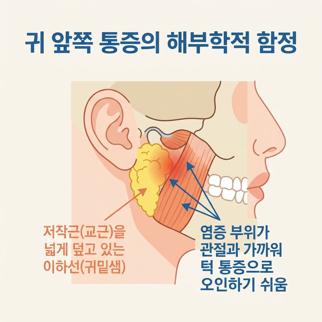 귀밑샘 이하선 해부학 턱관절 교근 구조 통증 착각 지시선