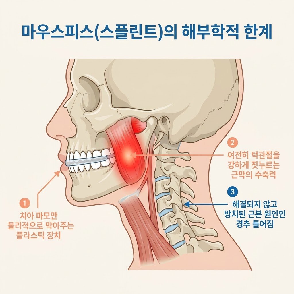 스플린트 마우스피스 한계 턱관절 근막 수축력 경추 틀어짐 인포그래픽