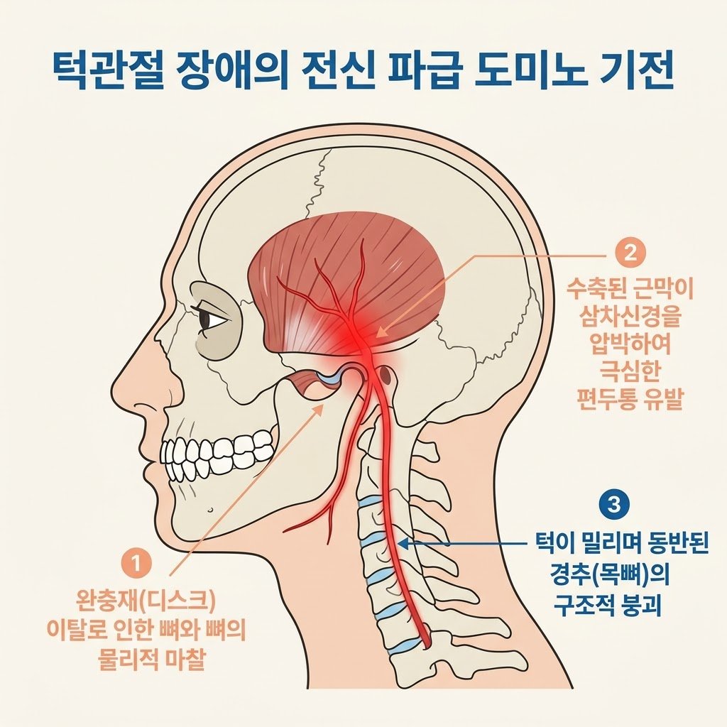 턱관절 장애 전신 파급 기전 디스크 이탈 삼차신경 거북목 인포그래픽