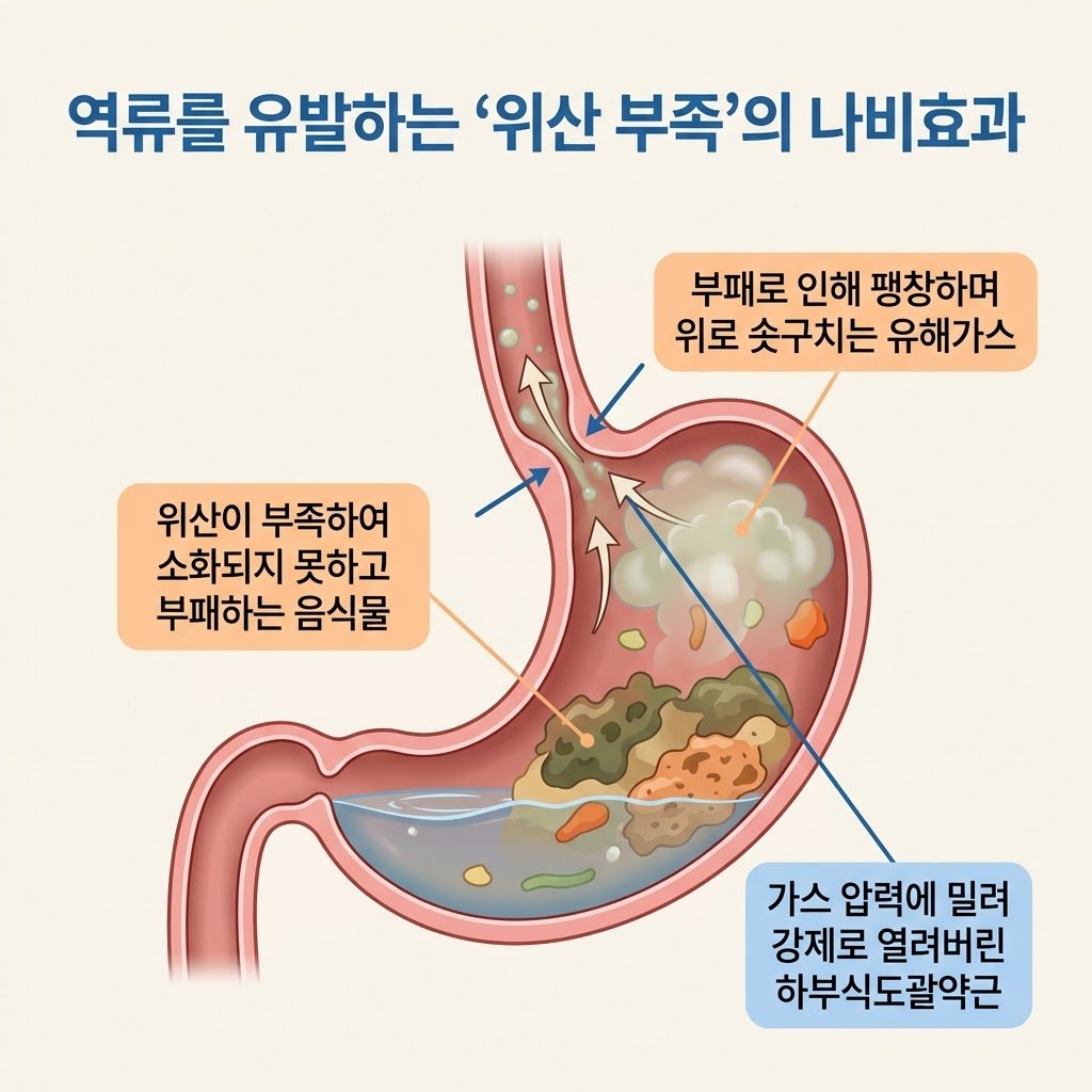 역류성 식도염 진짜 원인 저산증 위산부족 가스팽창 하부식도괄약근 인포그래픽