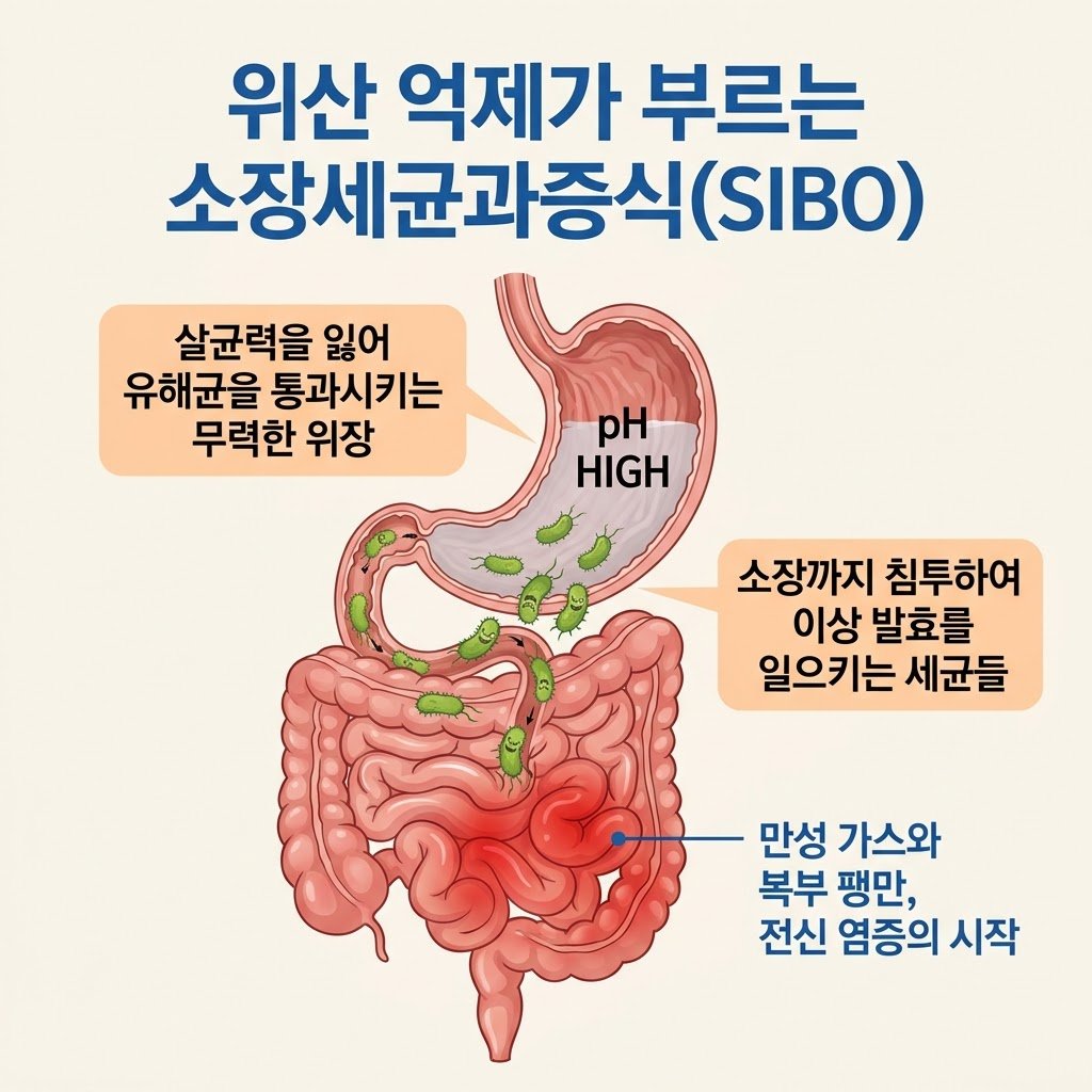 SIBO 원인 위산 살균력 저하 소장세균과증식 인포그래픽