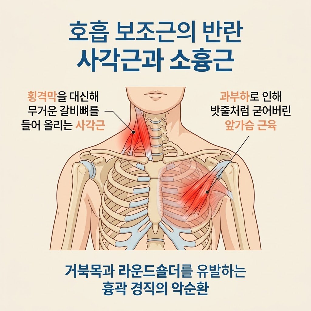 호흡 보조근 사각근 소흉근 단축 거북목 라운드숄더 인포그래픽