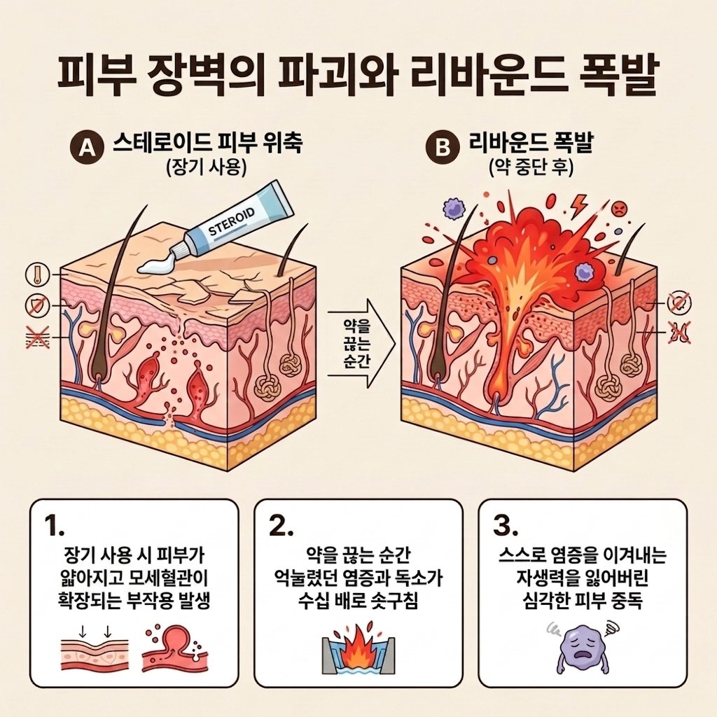 피부위축 모세혈관확장 리바운드현상 탈스테로이드 피부해부학