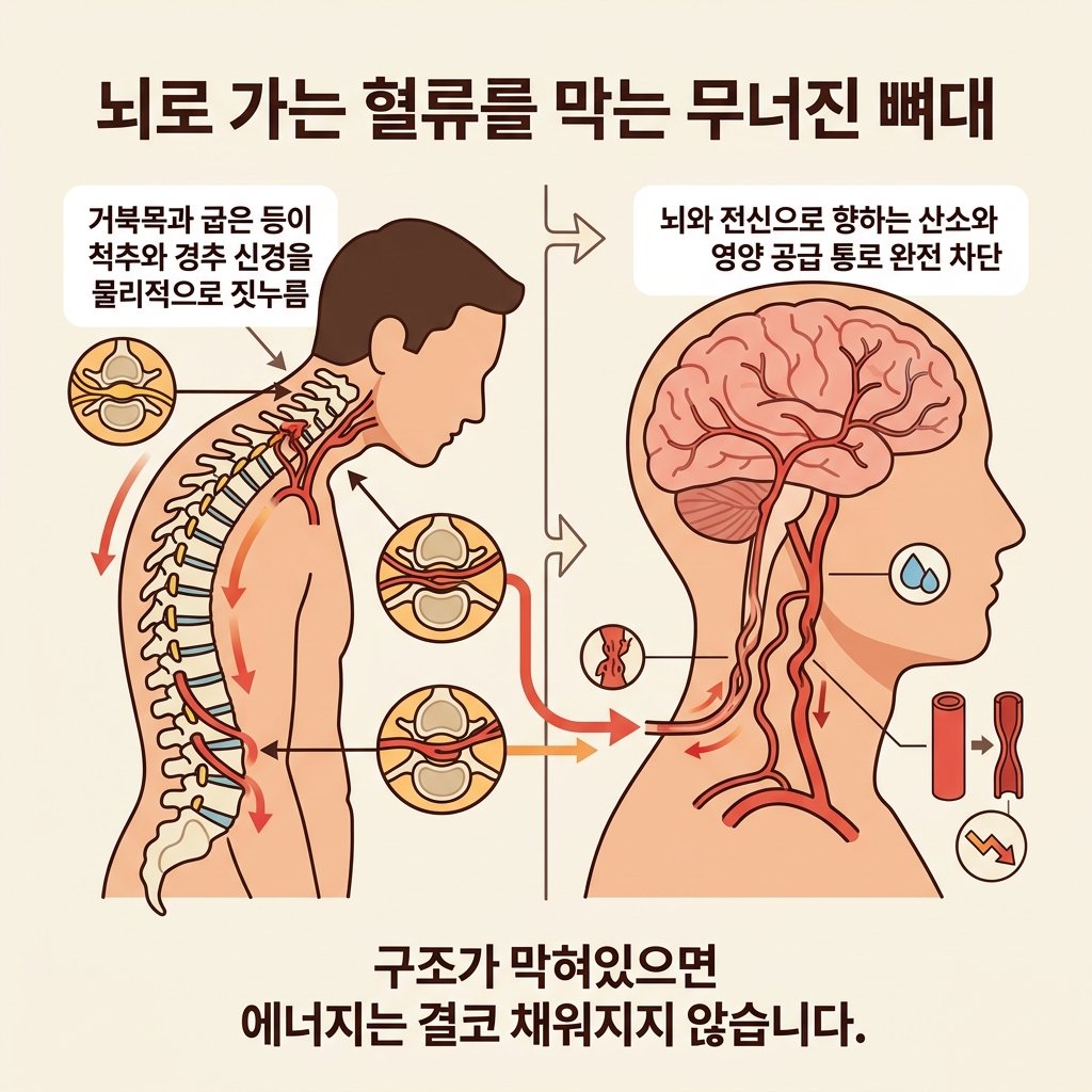 만성피로 체형불균형 거북목 굽은등 뇌혈류 장애 신경압박