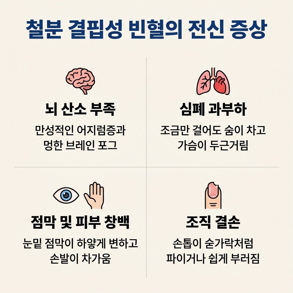 철분 결핍성 빈혈 증상 뇌 산소 부족 숨가쁨 점막 창백
