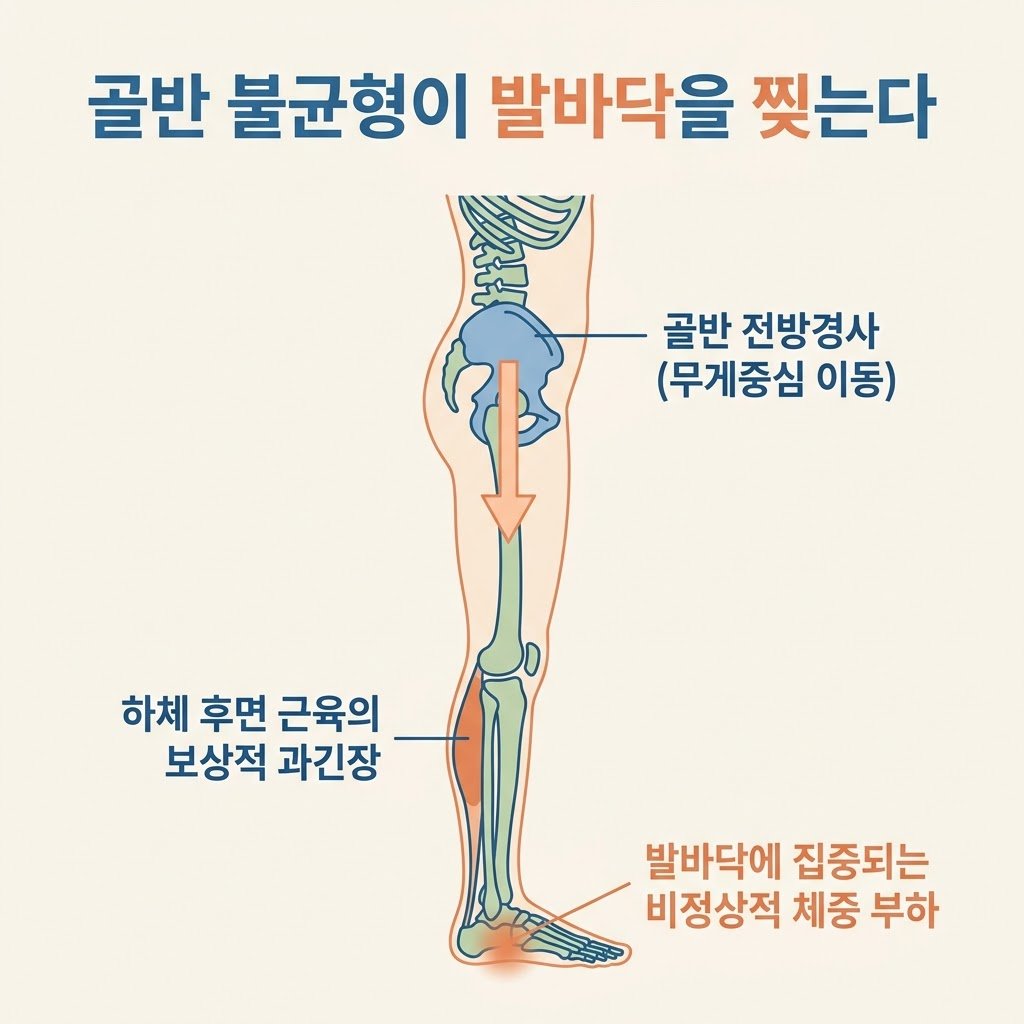 골반 전방경사 보행 역학 무게중심 발바닥 통증