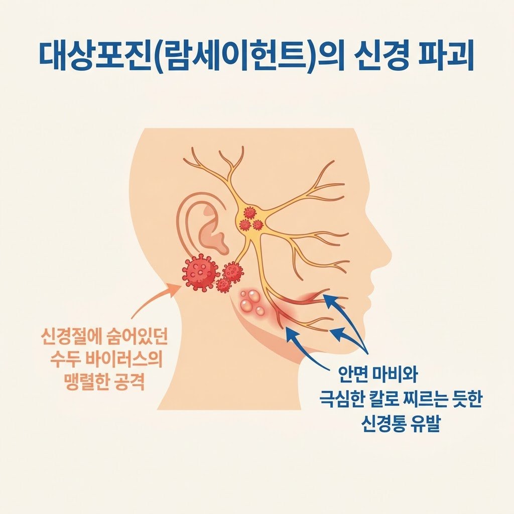 대상포진 람세이헌트 증후군 수두 바이러스 신경 파괴 지시선