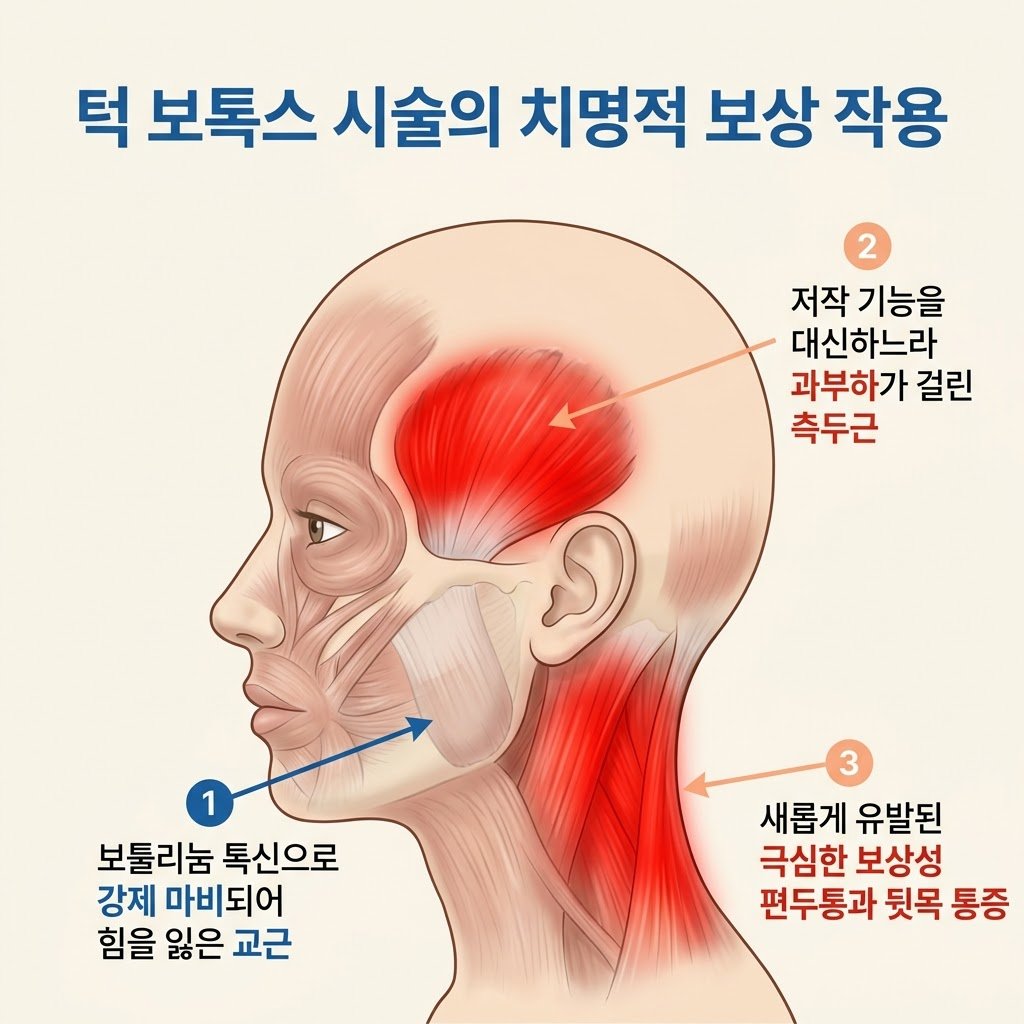 사각턱 턱관절 보톡스 부작용 교근 마비 측두근 보상성 편두통 인포그래픽