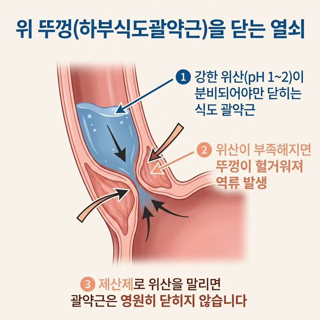하부식도괄약근 닫히는 원리 강한 위산 신호 제산제 부작용 인포그래픽