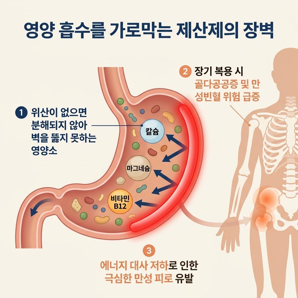 제산제 부작용 영양 결핍 칼슘 흡수 장애 골다공증 인포그래픽