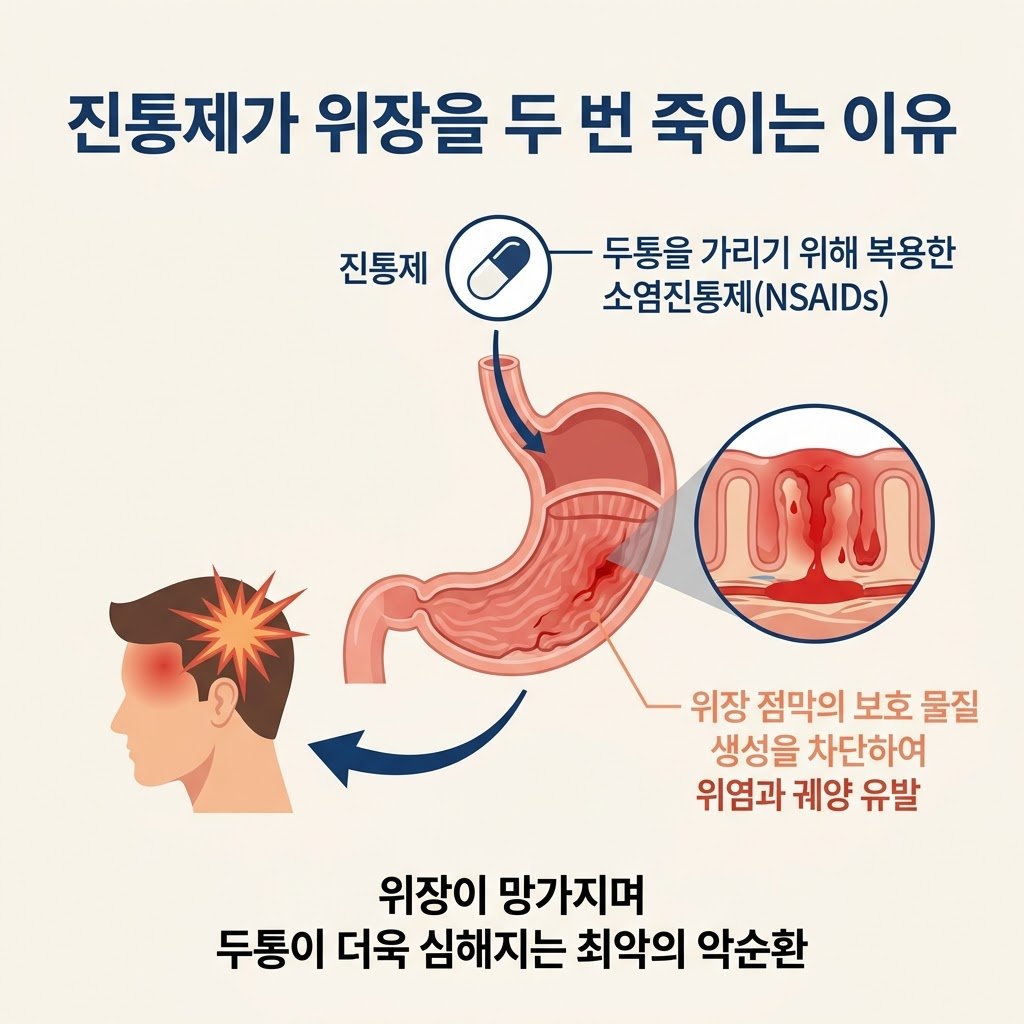 진통제 타이레놀 NSAIDs 부작용 위염 위궤양 악순환 인포그래픽