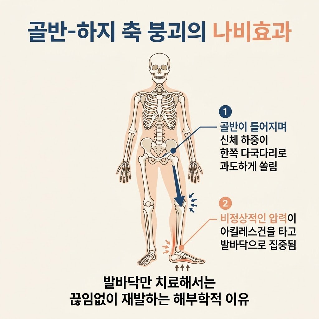 골반 틀어짐 체중 부하 다리 길이 차이 족저근막염 원인 해부학