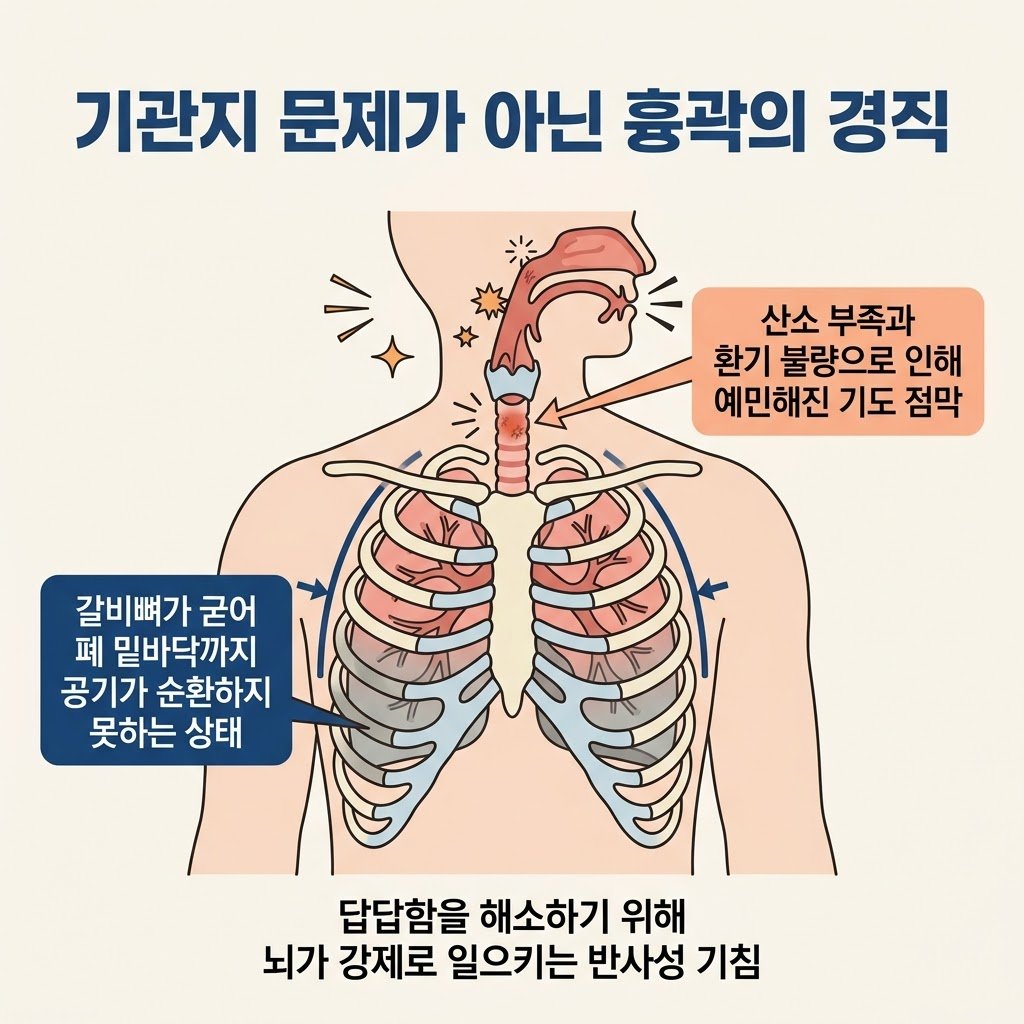 마른기침 원인 흉곽 경직 산소 부족 반사성 기침 인포그래픽