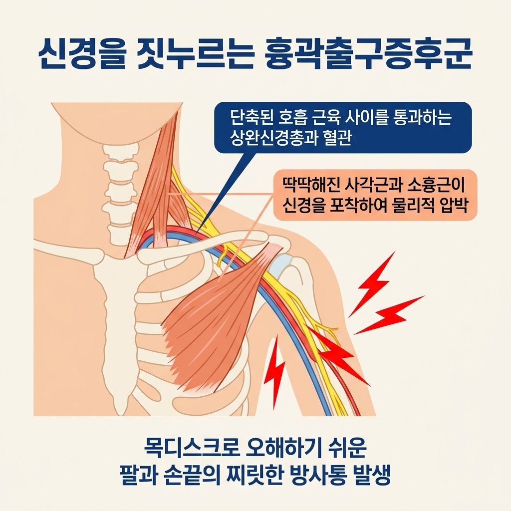 흉곽출구증후군 사각근 증후군 상완신경총 압박 팔저림 원인 해부학