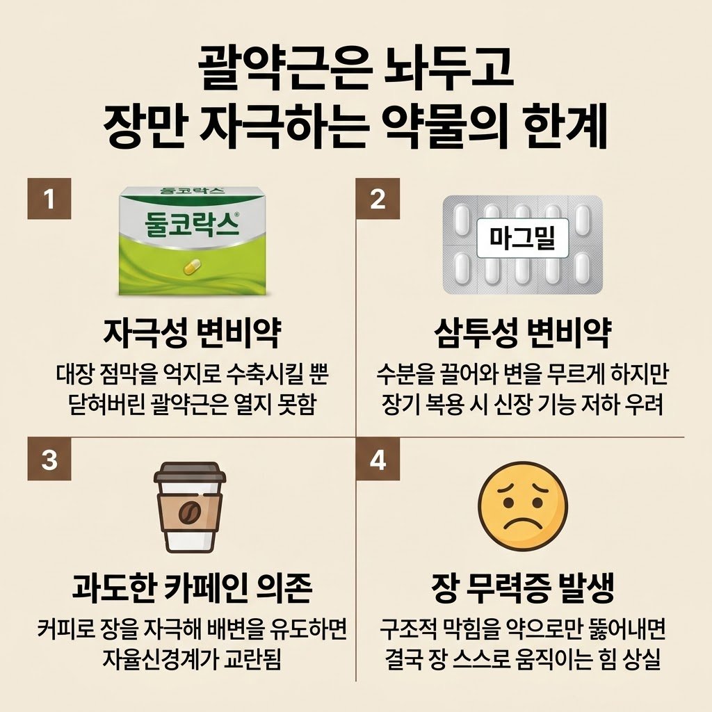 둘코락스 자극성변비약 마그밀 부작용 장무력증 커피관장 한계