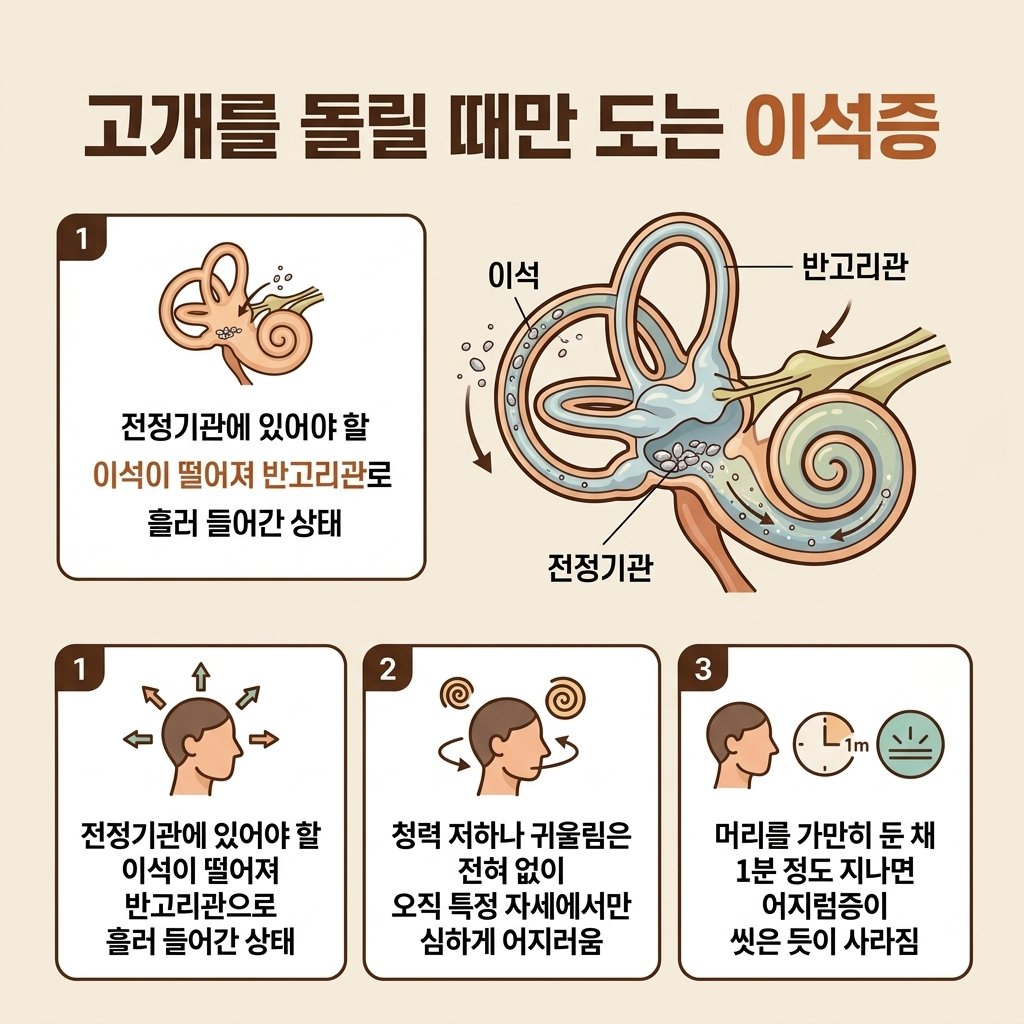 이석증 증상 원인 반고리관 이석 탈락 자세변환성 현훈