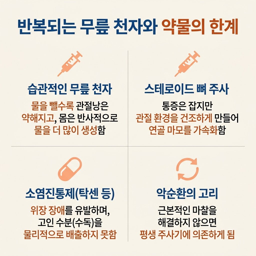 무릎 물 뺄때 부작용 스테로이드 뼈주사 탁센 소염제 한계