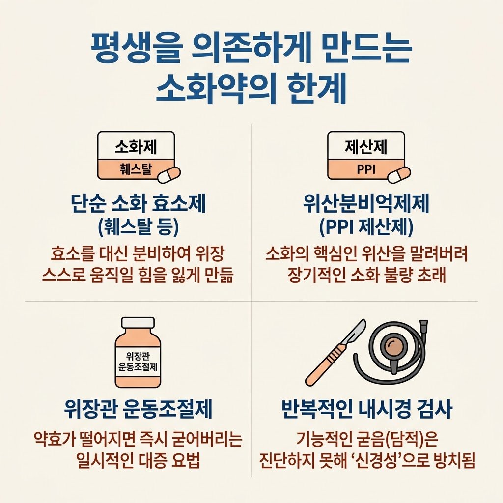 소화제 훼스탈 제산제 PPI 한계 부작용 신경성 소화불량