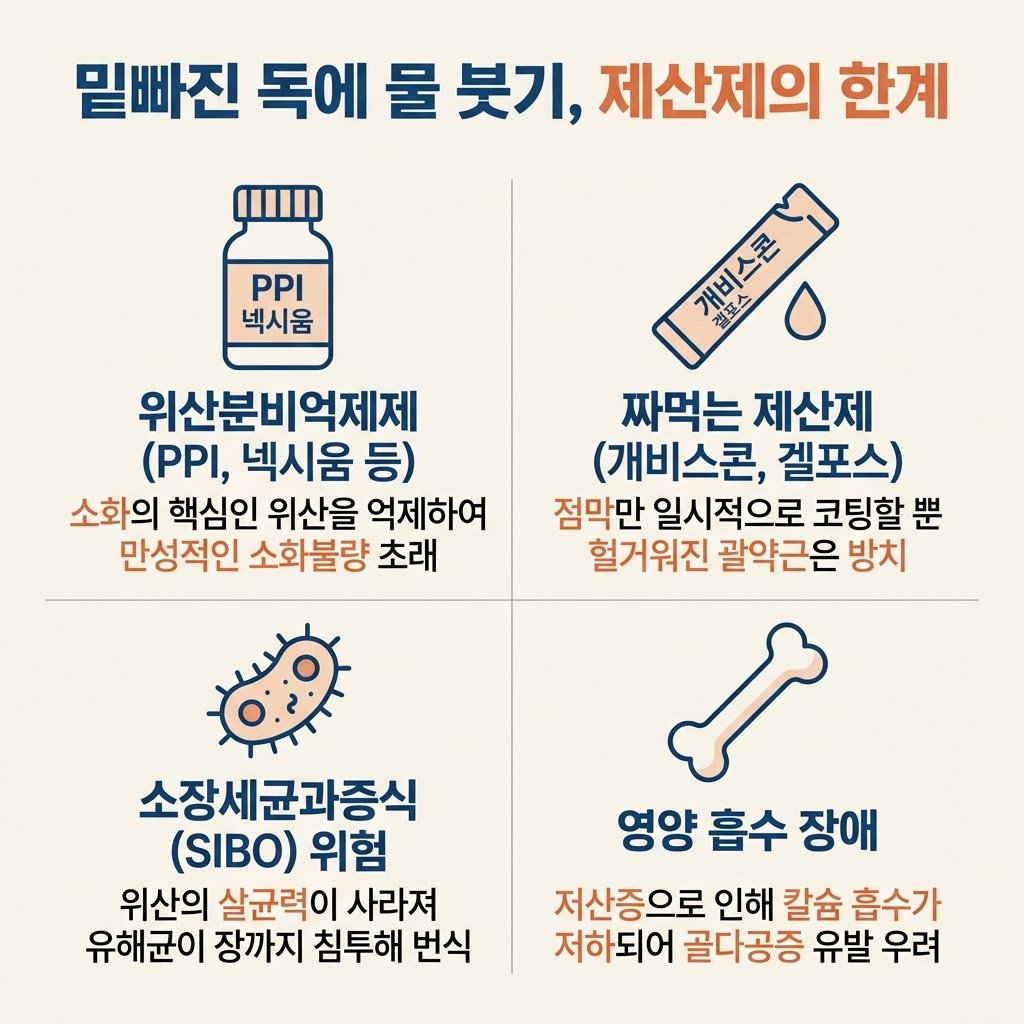 PPI 넥시움 겔포스 개비스콘 제산제 부작용 소장세균과증식 골다공증
