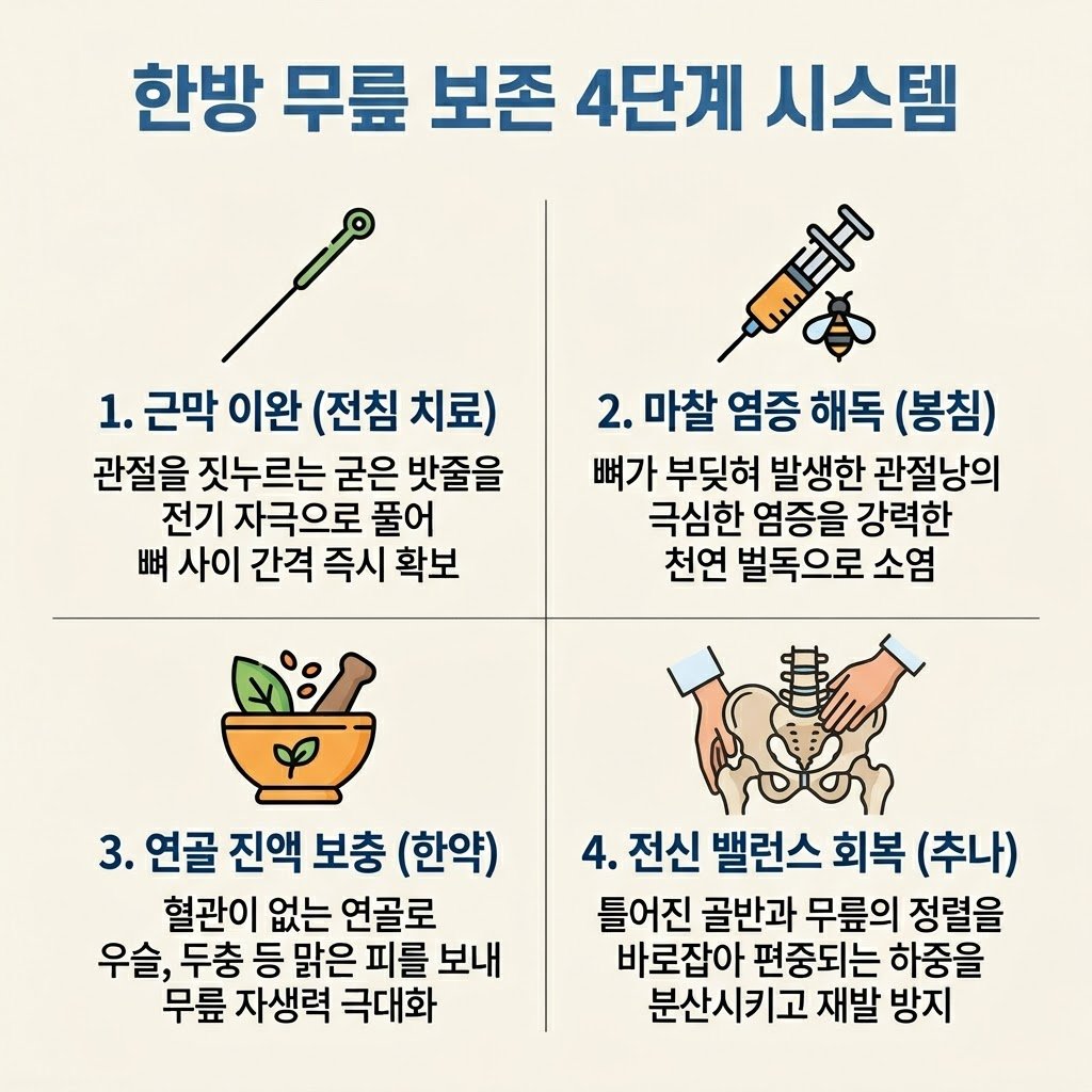 무릎 한방 보존치료 전침 근막이완 봉침 강근골 한약 추나
