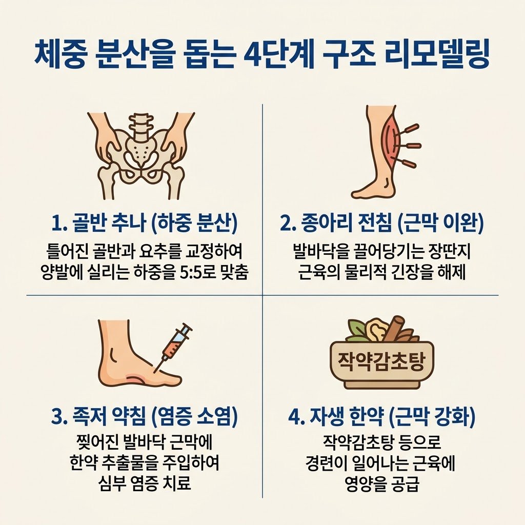족저근막염 한의원 치료 골반 추나 종아리 전침 발바닥 약침 작약감초탕