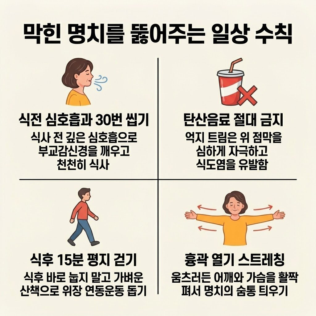 소화불량 예방 식사 습관 걷기 운동 흉곽 스트레칭