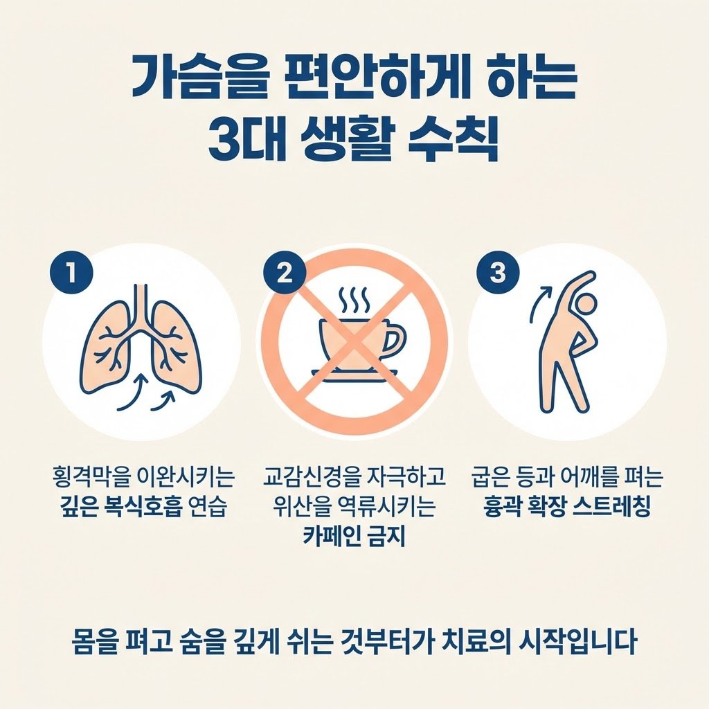 흉통 완화 복식호흡 카페인 금지 흉곽 스트레칭