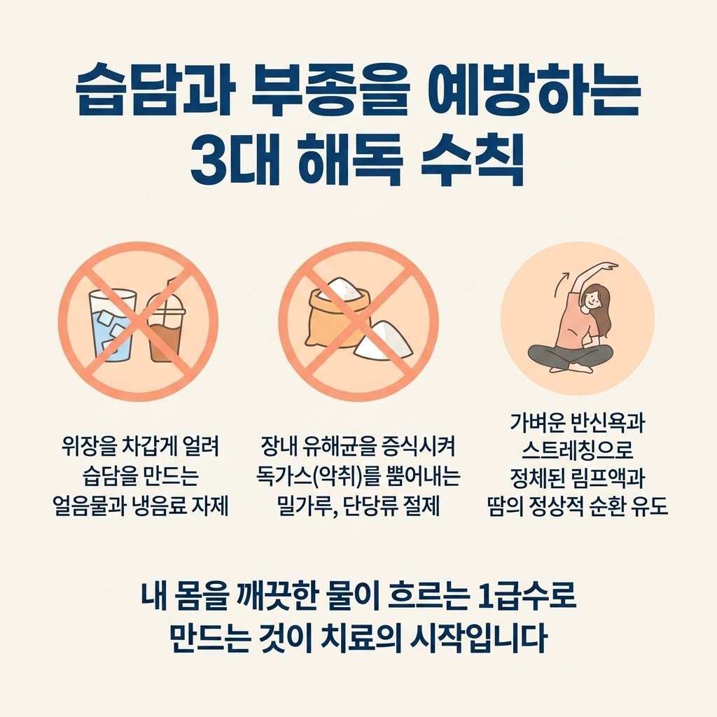 습담 부종 예방 생활수칙 얼음물 냉음료 자제 밀가루 단당류 절제 반신욕