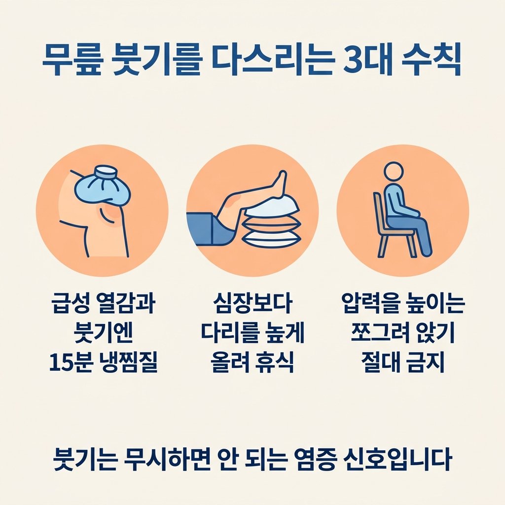 무릎 부종 생활수칙 냉찜질 다리 올리기 쪼그려 앉기 금지