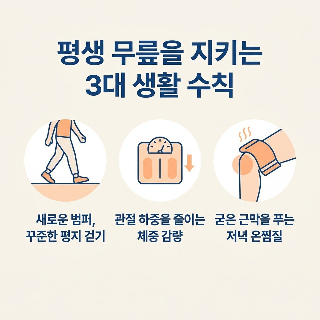 무릎 보호 생활수칙 평지 걷기 체중 감량 온찜질