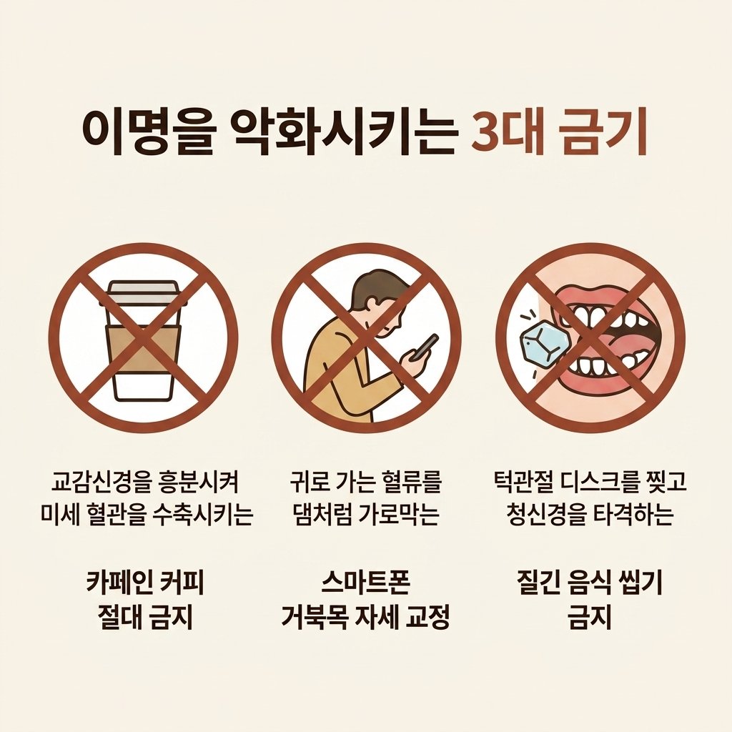 이명 악화 금기 커피 카페인 거북목 스마트폰 질긴음식