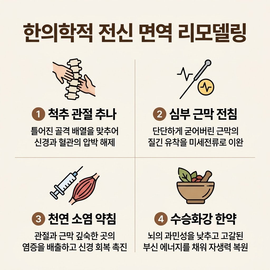 전신통증 한의학적 치료 추나교정 전침 약침 한약치료 면역리모델링