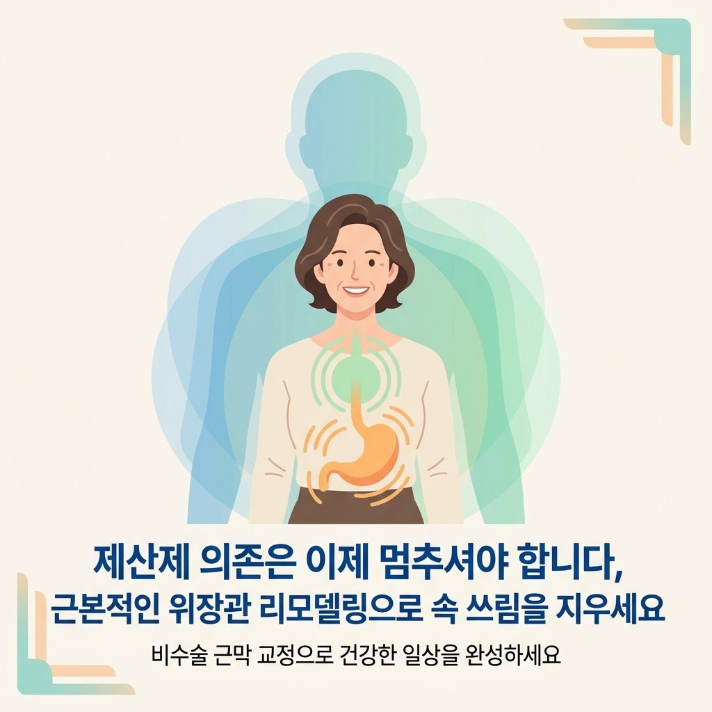 역류성 식도염 제산제 의존 한의원 근본 치료 건강한 일상복 여성 모델 클로징