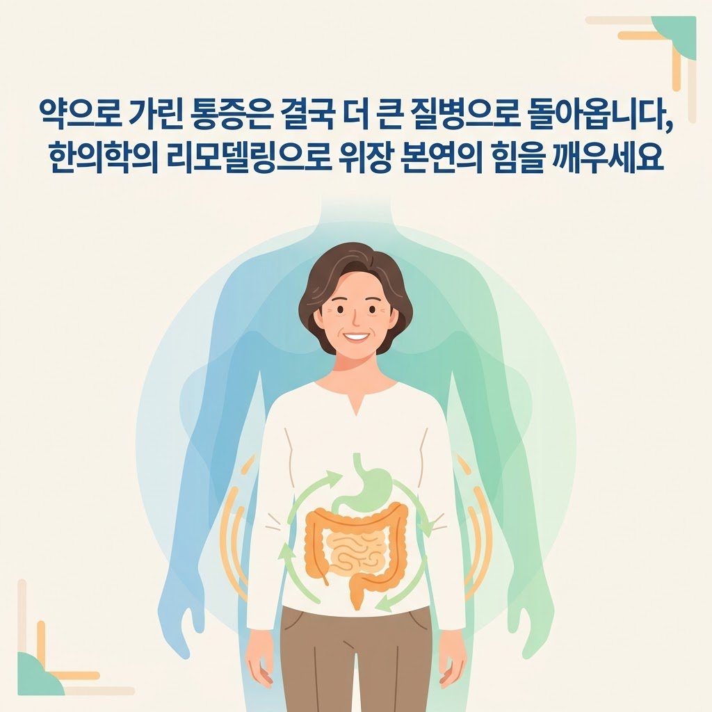 위장약 부작용 한의원 근본 치료 건강한 일상복 여성 모델 클로징