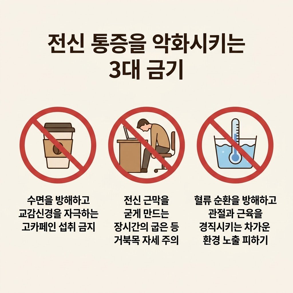전신통증 악화 금기 고카페인 거북목 차가운환경 생활관리