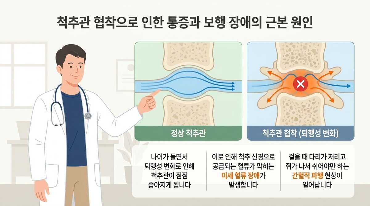 척추관 협착증 원인 퇴행성 변화 신경 압박