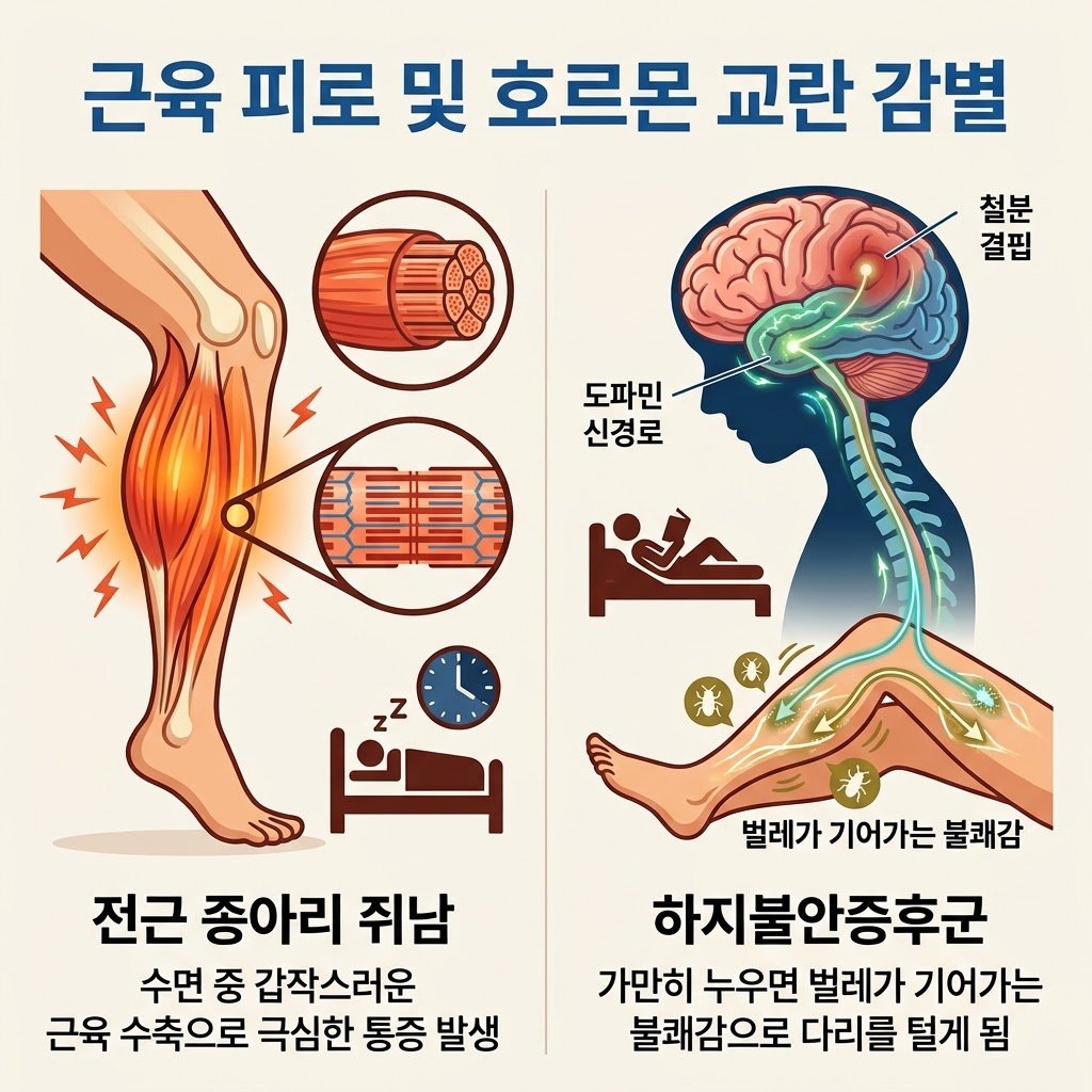 야간 종아리 쥐남 전근 하지불안증후군 벌레 기어가는 느낌 다리 저림 감별