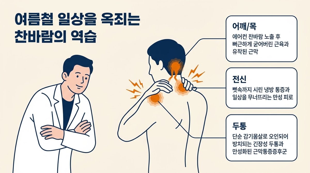 차가운 에어컨 한 한랭 스트레스로 굳어버린 목 어깨 승모근 2D 벡터 일러스트