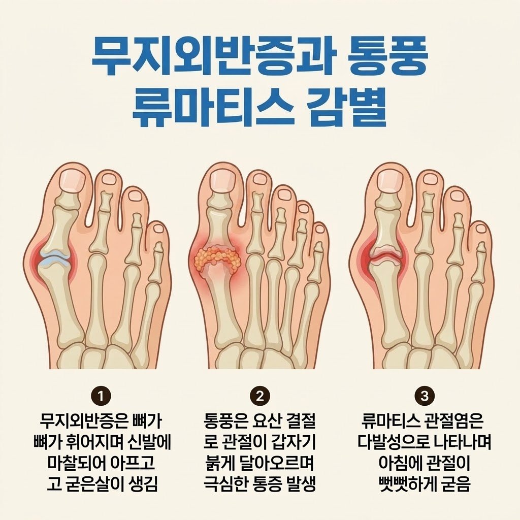 무지외반증 통풍 류마티스 관절염 차이점 감별