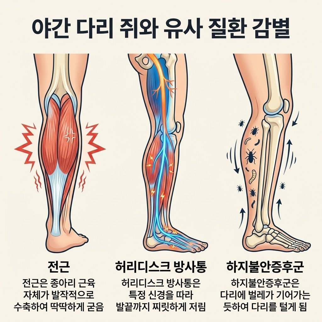 밤에 다리 쥐 전근 허리디스크 방사통 하지불안증후군 감별