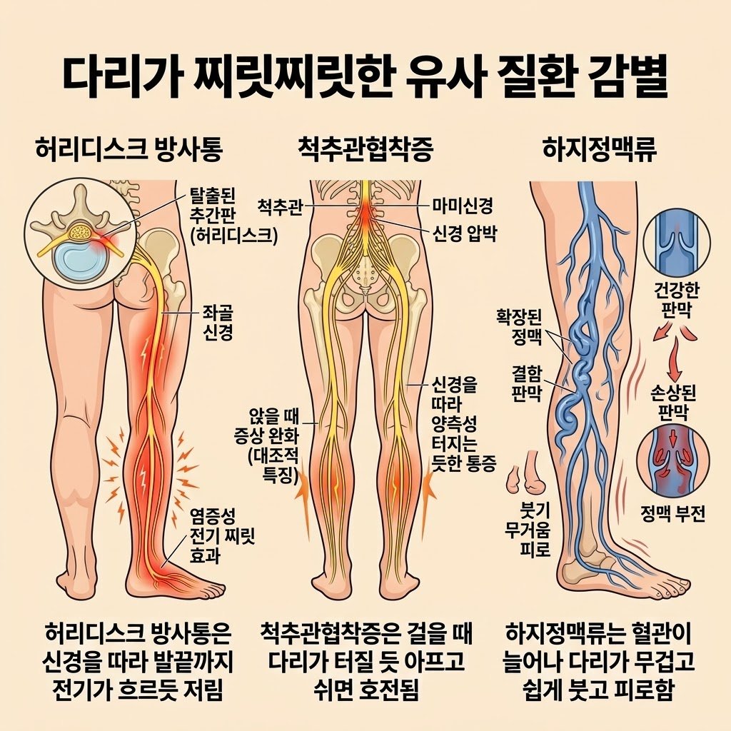 다리가 찌릿찌릿 다리 저림 허리디스크 방사통 척추관협착증 하지정맥류 감별