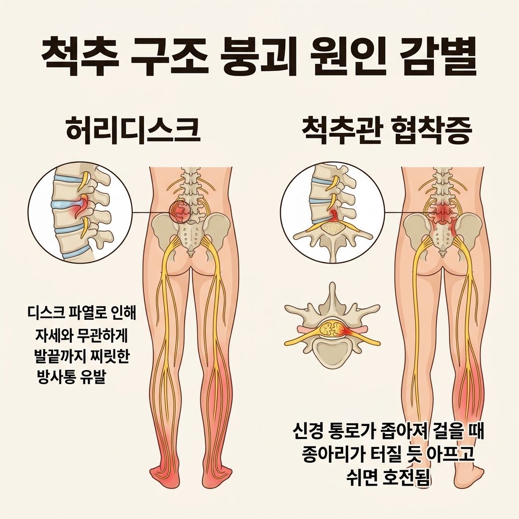 허리디스크 척추관 협착증 방사통 신경인성 파행 척추 신경 압박 증상 감별
