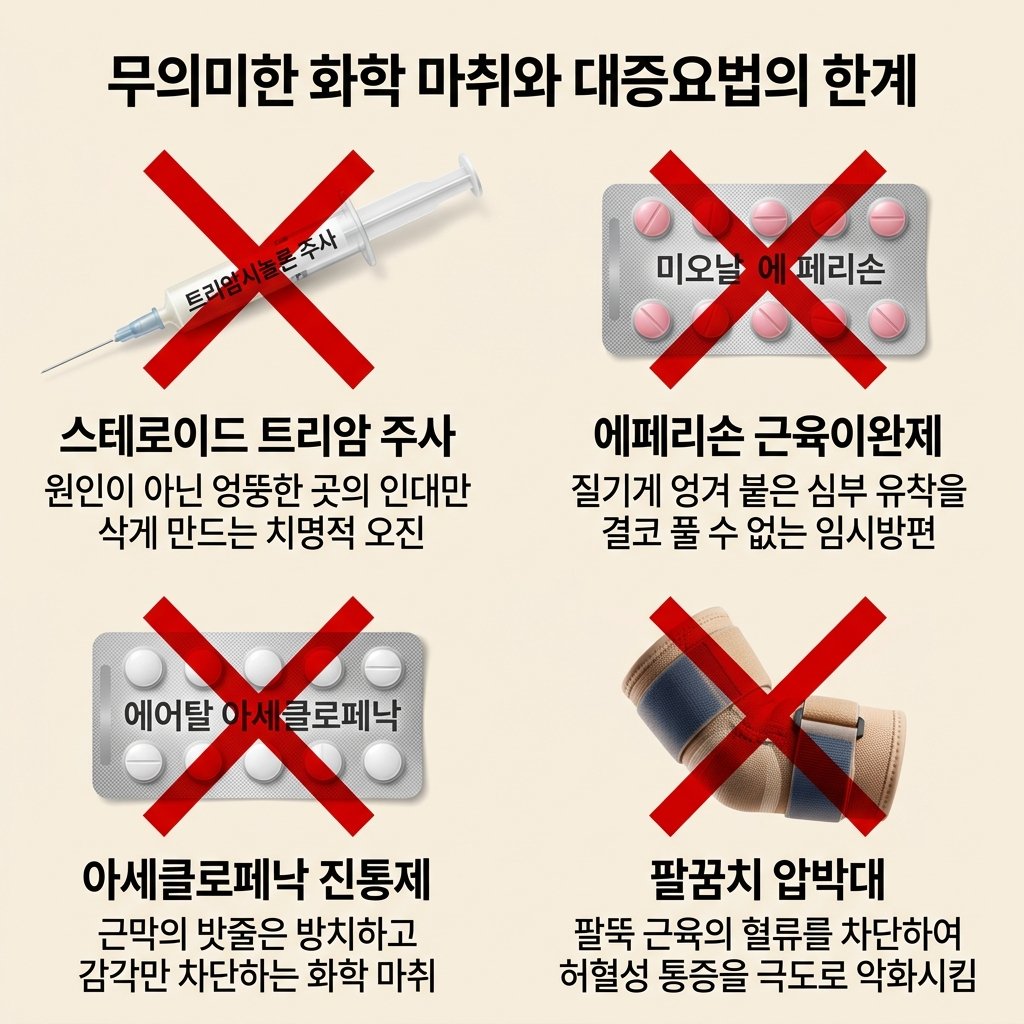 트리암시놀론 주사 오진 에페리손 근육이완제 아세클로페낙 소염진통제 부작용 팔꿈치 보호대 한계